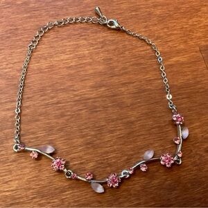 Charming Pink Floral Rhinestone Crystal Anklet silver tone
